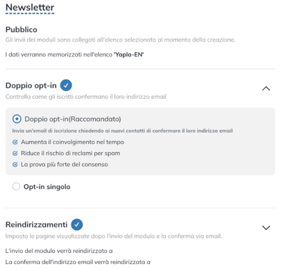 Sezione Doppio opt-in della pagina di configurazione del modulo