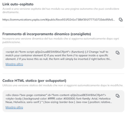 Opzioni Link auto-ospitato, Frammento di incorporamento dinamico e Codice HTML statico
