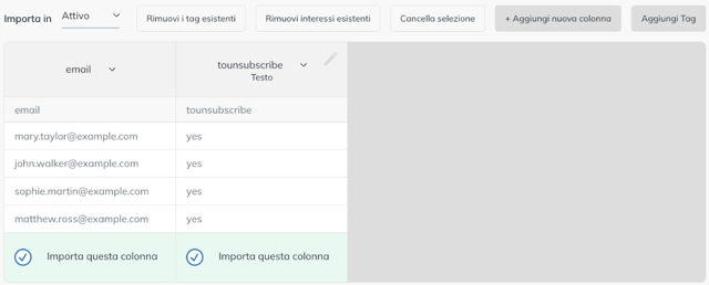 Passaggio Seleziona i nomi delle colonne dei contatti