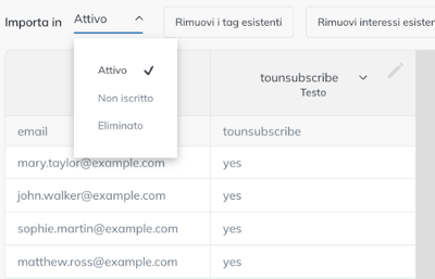 Menu Importa in con gli stati Attivo, Non iscritto ed Eliminato