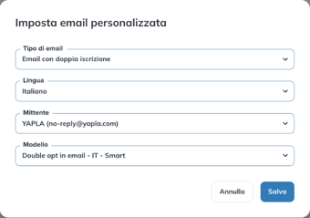 Finestra Imposta email personalizzata con il tipo, la lingua, il mittente e il modello