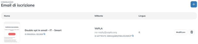 Pagina Email di iscrizione con il nome, il mittente e la lingua di ogni email