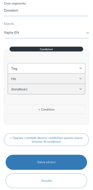 Creazione del segmento Donatori con la condizione Tag Ha donateurs