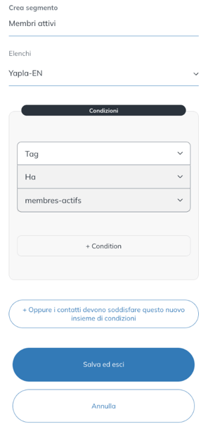 Creazione del segmento Membri attivi con la condizione Tag Ha membres-actifs