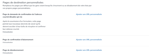 Section Pages de destination personnalisées des paramètres de la liste
