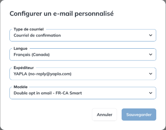 Fenêtre Configurer un e-mail personnalisé avec le type, la langue, l'expéditeur et le modèle