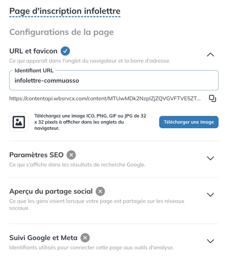 Configurations de la page avec l'identifiant URL et le favicon