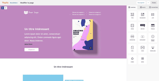 Éditeur de la page de conversion avec l'onglet Contenu