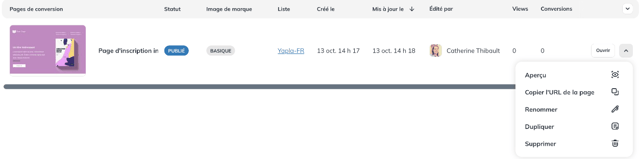 Liste des pages de conversion avec le menu Aperçu, Copier l'URL de la page, Renommer, Dupliquer et Supprimer