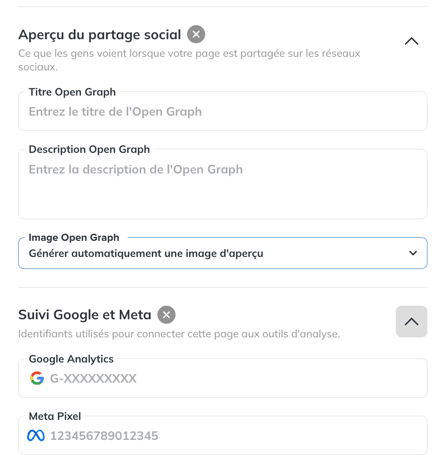 Options Aperçu du partage social et Suivi Google et Meta