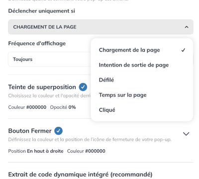 Options de déclenchement du pop-up