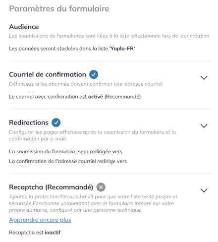 Section Paramètres du formulaire du pop-up