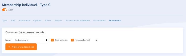 Onglet Documents d'un type d'adhésion