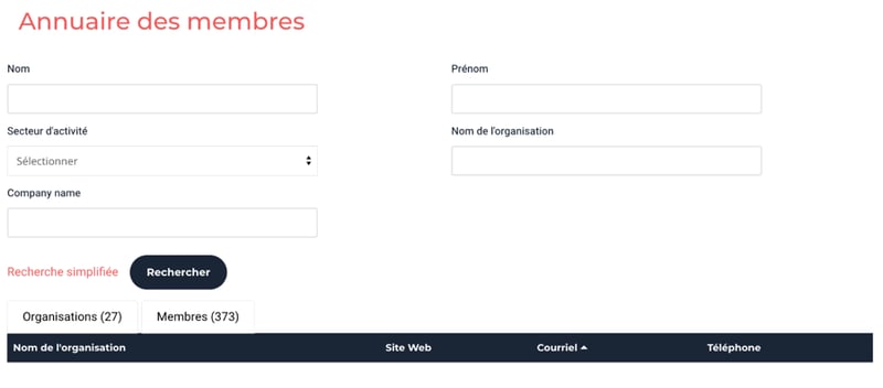 Annuaire des membres publié avec la recherche avancée et les onglets Organisations et Membres