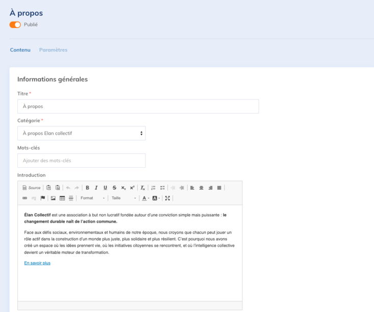 Section Informations générales d'un article