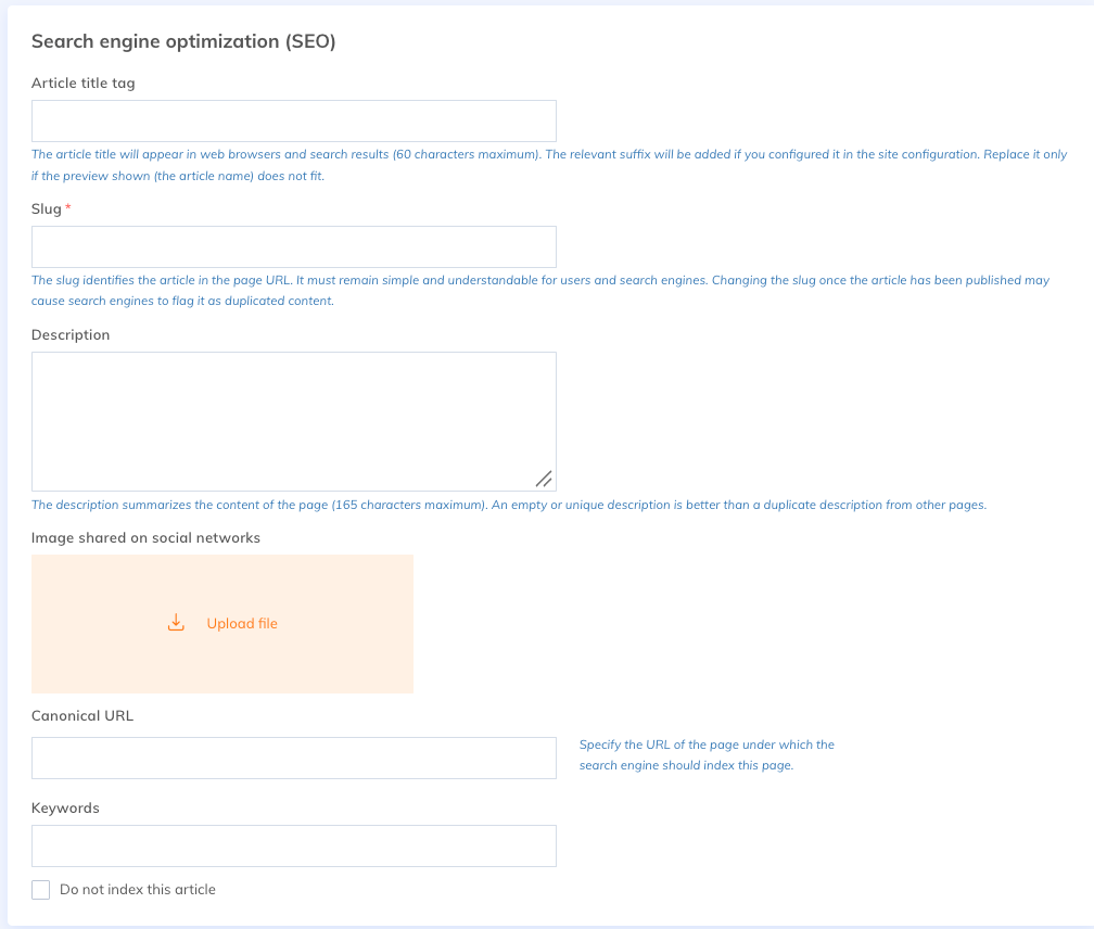 Search engine optimization (SEO) section of an article
