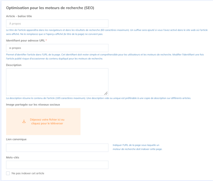 Section Optimisation pour les moteurs de recherche (SEO) d'un article