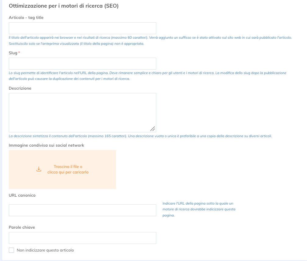 Sezione Ottimizzazione per i motori di ricerca (SEO) di un articolo