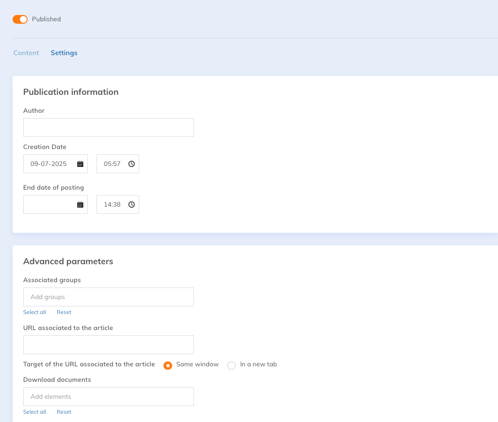 Settings tab of an article