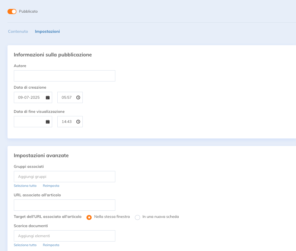 Scheda Impostazioni di un articolo