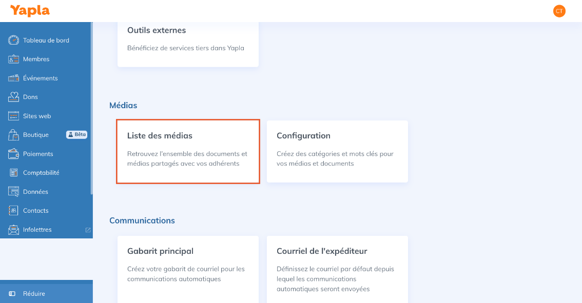 Tuile Liste des médias dans la Configuration
