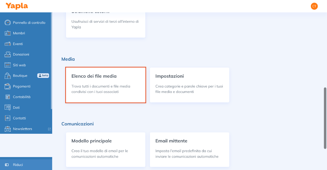 Riquadro Elenco dei file media nelle Impostazioni