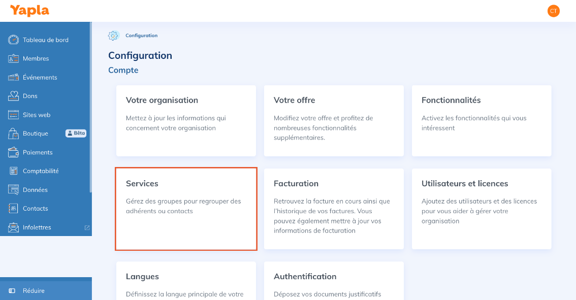 Tuile Services dans la Configuration