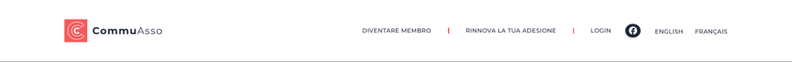 Intestazione di un sito web con logo, link di accesso, social network e lingue