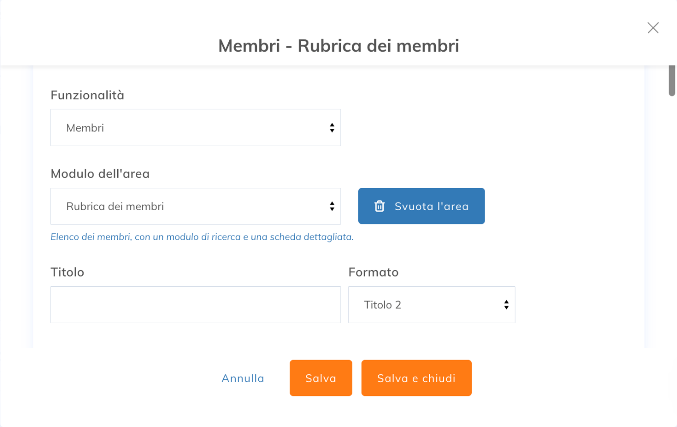 Finestra di configurazione di un'area con la funzionalità e il modulo