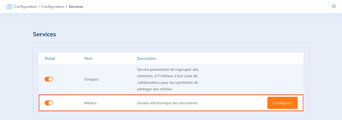 Service Médias activé dans la liste des services