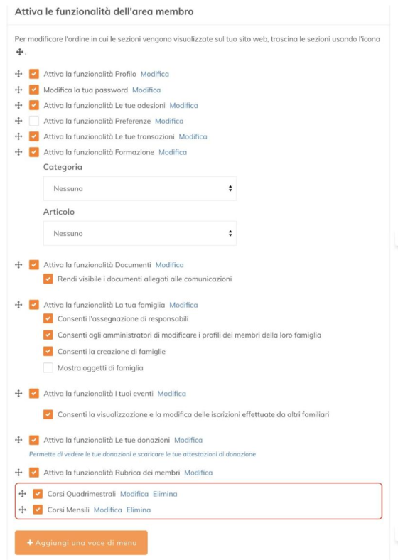 Configurazione delle funzionalità dell'area membro con le voci di menu delle attività