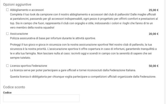 Opzioni aggiuntive e codice sconto nel modulo di adesione