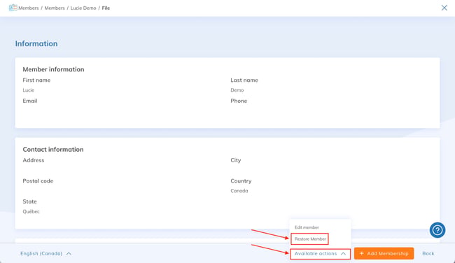 Available actions menu with the Restore Member option