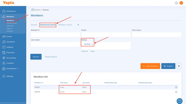 Advanced member search filtered on the archived status