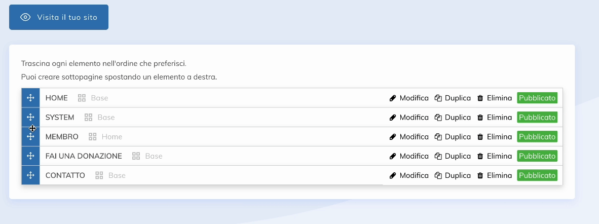 Organizzazione delle pagine e dei sottomenu tramite trascinamento