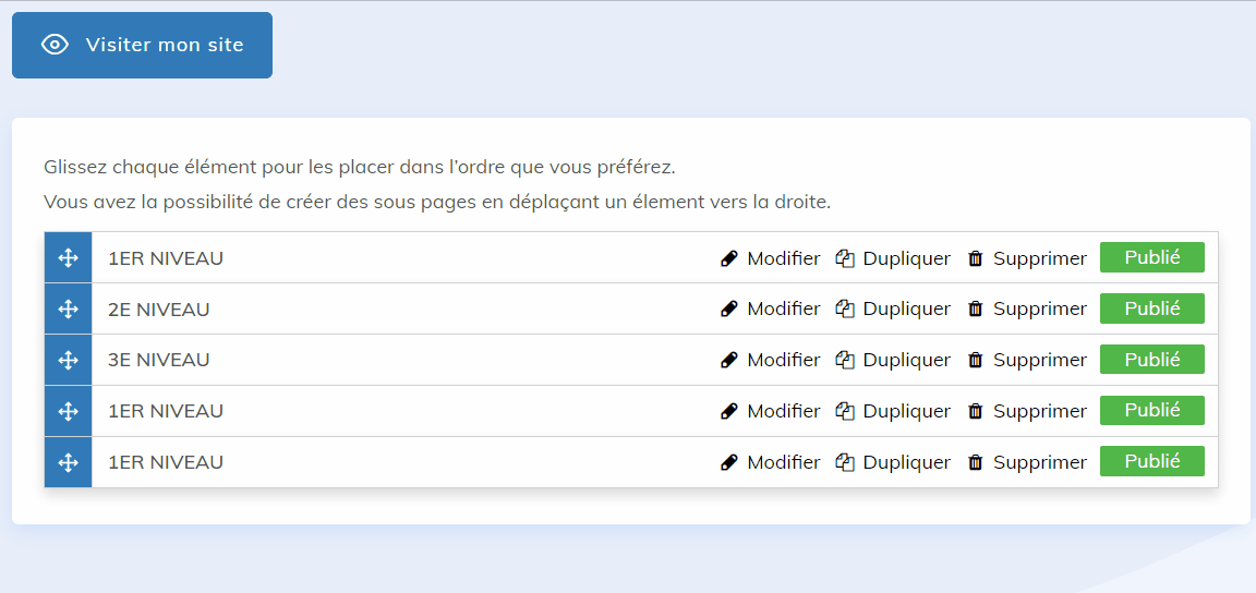Organisation des pages et des sous-menus par glisser-déposer