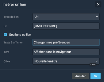 Modification du texte du lien de gestion des préférences