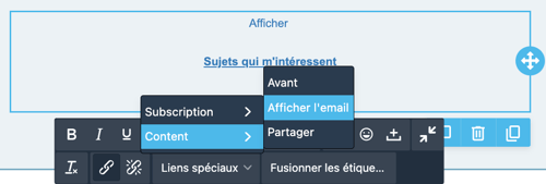 Barre d'outils de texte avec le menu Liens spéciaux, Content, Afficher l'email