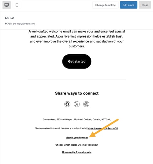 Campaign preview with the view link at the bottom of the email