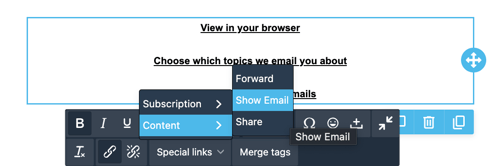 Text toolbar with the Special Links, Content, Show email menu