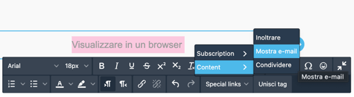 Barra degli strumenti del testo con il menu Special links, Content, Mostra e-mail