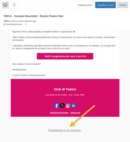Anteprima della campagna con il link di visualizzazione in fondo all'email