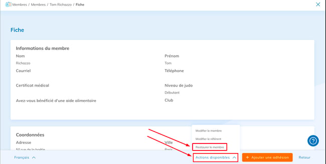 Menu Actions disponibles avec l'option Restaurer le membre