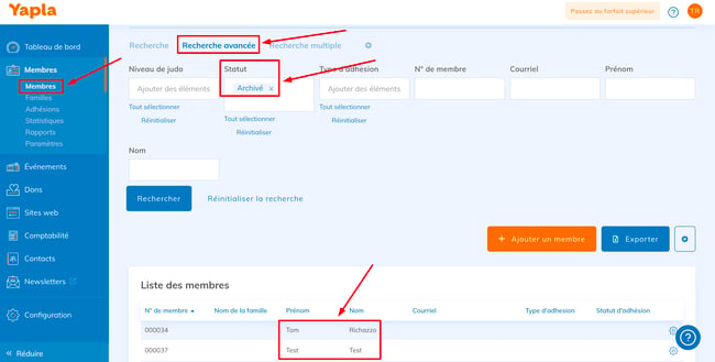 Recherche avancée des membres filtrée sur le statut Archivé