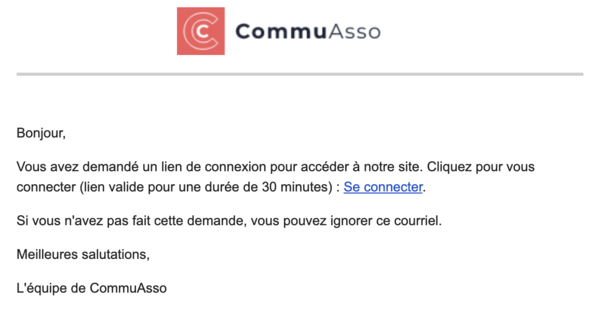 Courriel contenant le lien de connexion