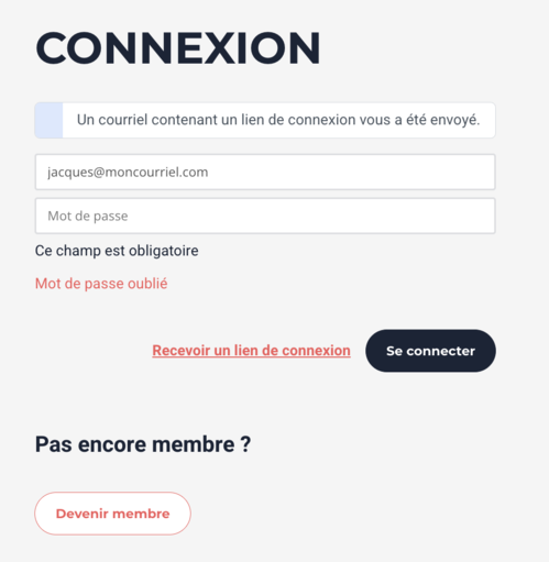 Formulaire de connexion avec le bouton Recevoir un lien de connexion et le message de confirmation